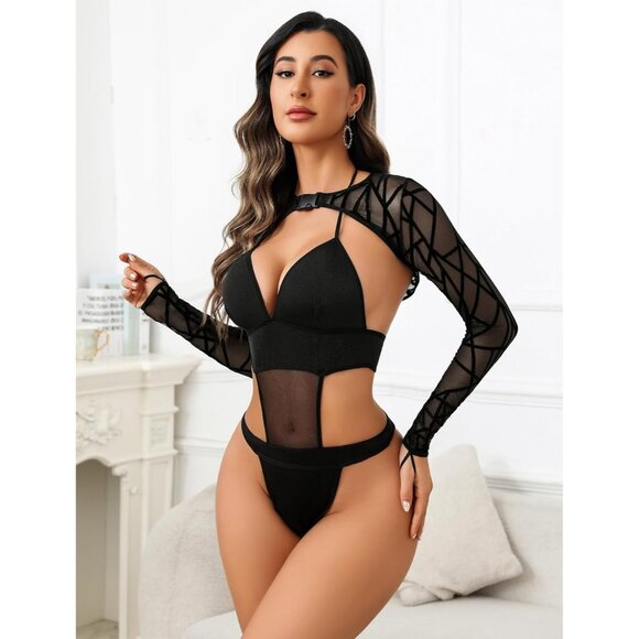 Women Black Festival Sexy Lingerie Bodysuit Buckle Shrug Crop Top Set Outfits - Picture 2 of 7
